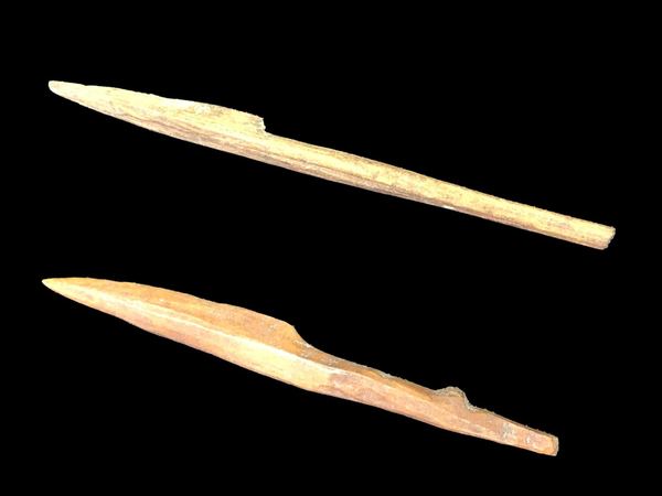 Lot of 2 Miniature Bone Harpoon Tips- St Lawrence Island Alaska - Larger is 3 1/4"