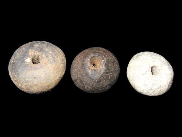 Grouping of 3 Pre Columbian Beads 2 are Pottery 1 is Jade Central America.