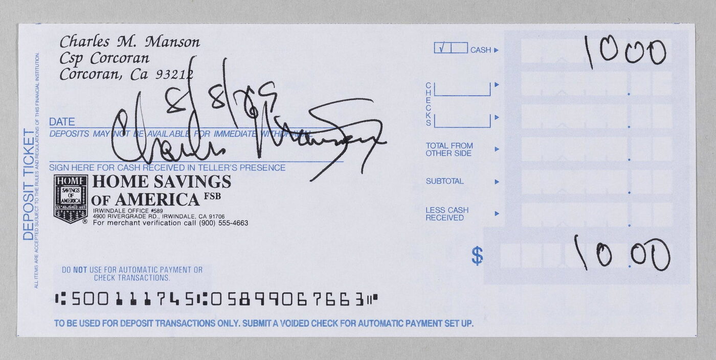 Charles Manson Signed Deposit Slip