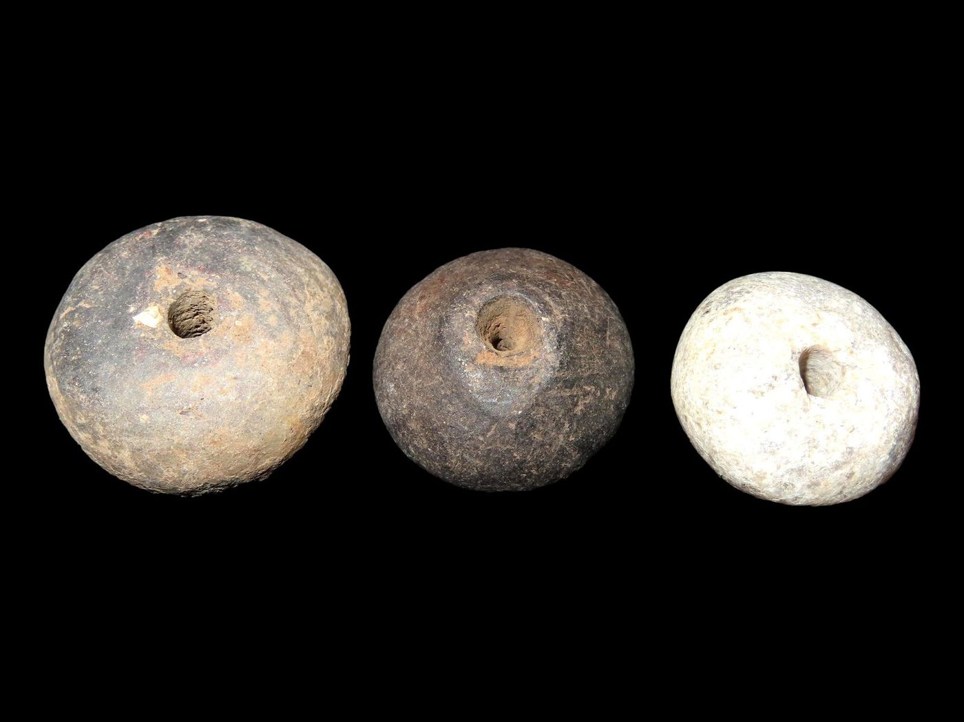 Grouping of 3 Pre Columbian Beads 2 are Pottery 1 is Jade Central America.